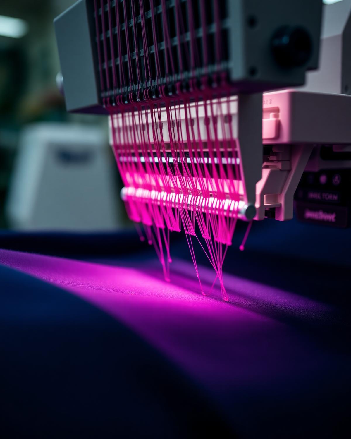 Professional embroidery machine stitching bright pink thread onto navy fabric